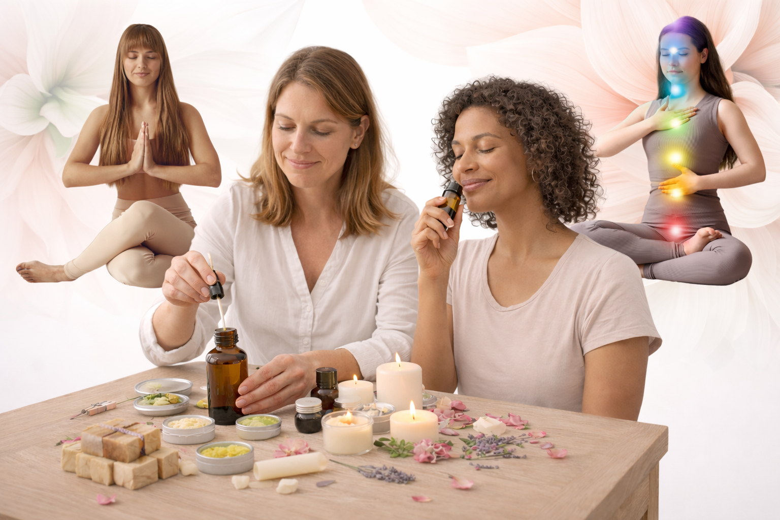 Self Care mit ätherischen Ölen – Frauen praktizieren Yoga, Chakra Balance und stellen eigene Aromatherapie Produkte her