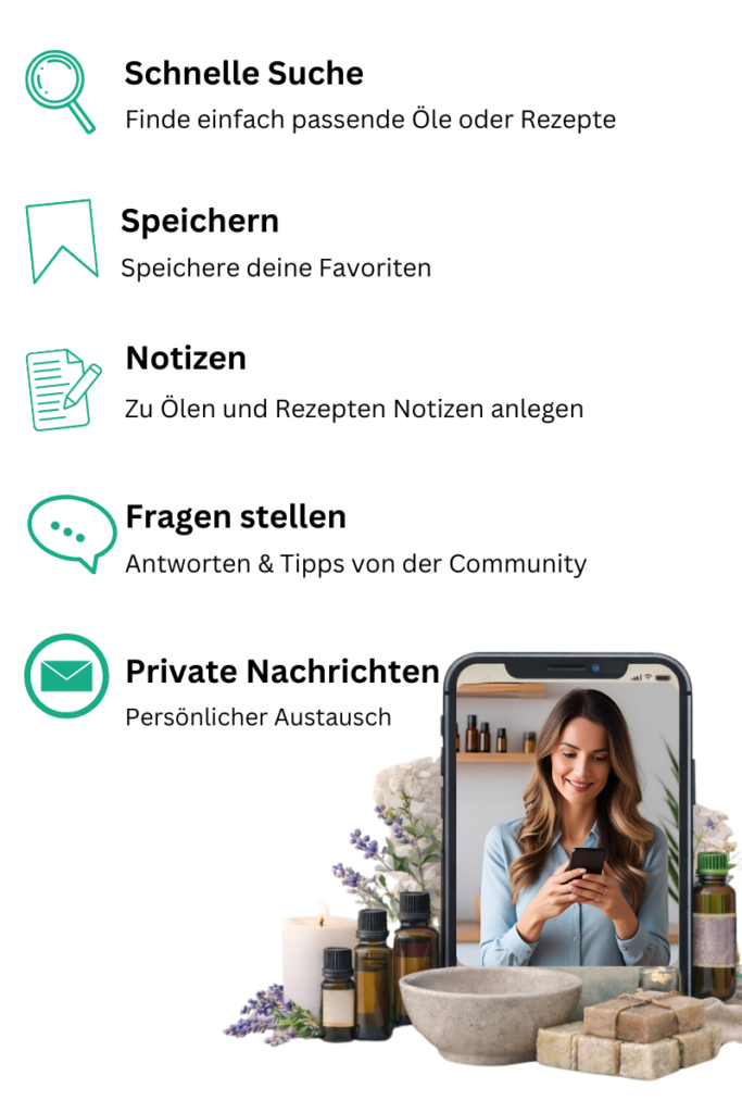 Smartphone-Darstellung der AromaQueen-App mit den Funktionen Suche, Speichern, Notizen und Community-Fragen.