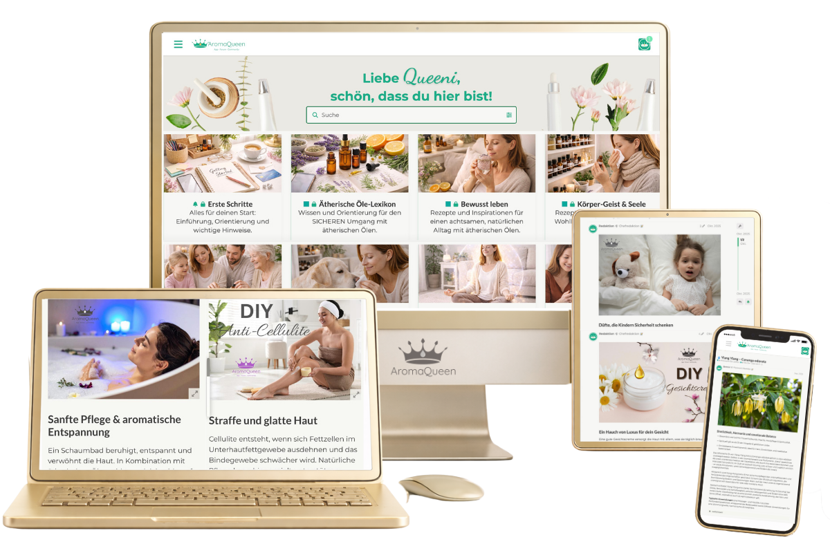 Darstellung der AromaQueen Plattform auf Desktop, Laptop, Tablet und Smartphone mit redaktionellen Inhalten zu Aromatherapie, ätherischen Ölen, Naturkosmetik und ganzheitlichem Wohlbefinden.