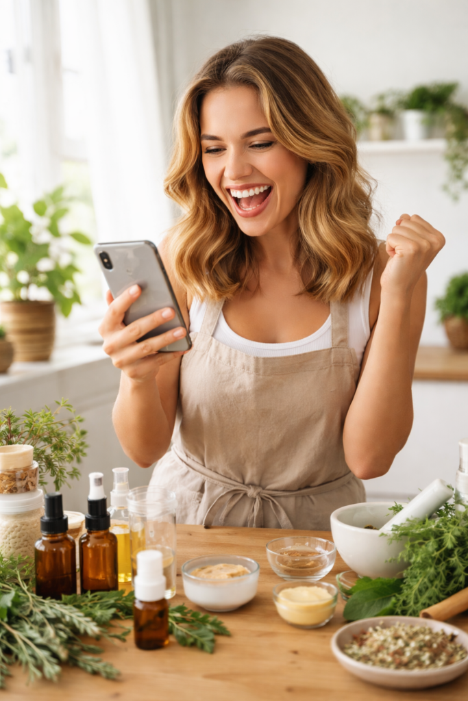 Frau nutzt die AromaQueen App, um Rezepte mit ätherischen Ölen zu finden