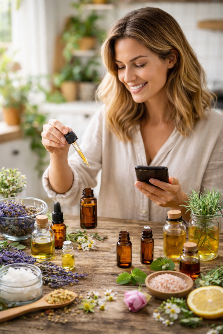 Eine Frau Mitte 30 steht in einer hellen Küche an einem Holztisch und mischt ätherische Öle. Auf dem Tisch stehen mehrere Glasflaschen, Kräuter und natürliche Zutaten. Sie hält eine Pipette über einer auf dem Tisch stehenden braunen Glasflasche und schaut gleichzeitig auf ihr Smartphone, während sie konzentriert und ruhig ihre Aromatherapie-Hausapotheke herstellt.