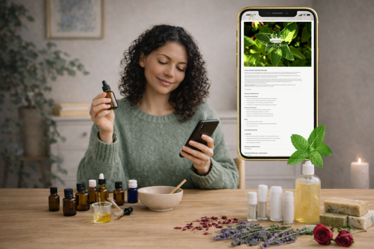 Frau sitzt an einem Tisch mit ätherischen Ölen, Pipetten und Naturzutaten, hält ein kleines Ölfläschchen in der Hand und liest auf ihrem Smartphone Informationen zu ätherischen Ölen; auf dem Tisch liegen weitere Fläschchen, eine Schale, getrocknete Kräuter, Seifen und eine Kerze, die eine ruhige DIY-Aromapflege-Atmosphäre schaffen.
