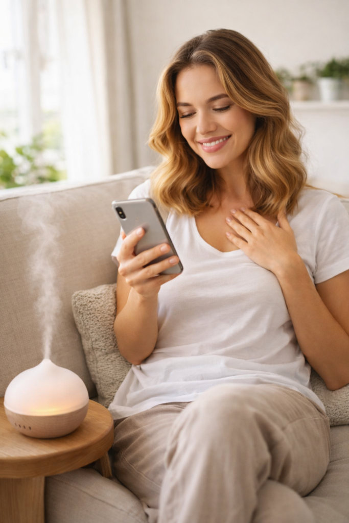 Frau genießt einen ruhigen Moment auf dem Sofa und lächelt über ein berührendes Gespräch mit anderen „Queenies“ in der Community